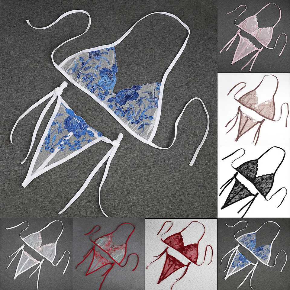 Sexy lingerie womens bikini embroidery flower 3-point transparent mesh lace up bra+thongW241225
