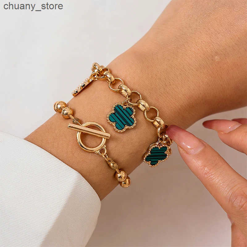 Chain Trendy Geometric Link Chain Set For Women Rhinestones Gold Color Five leaf flower clover Pendant Open Cuff Bangle Girls L240910