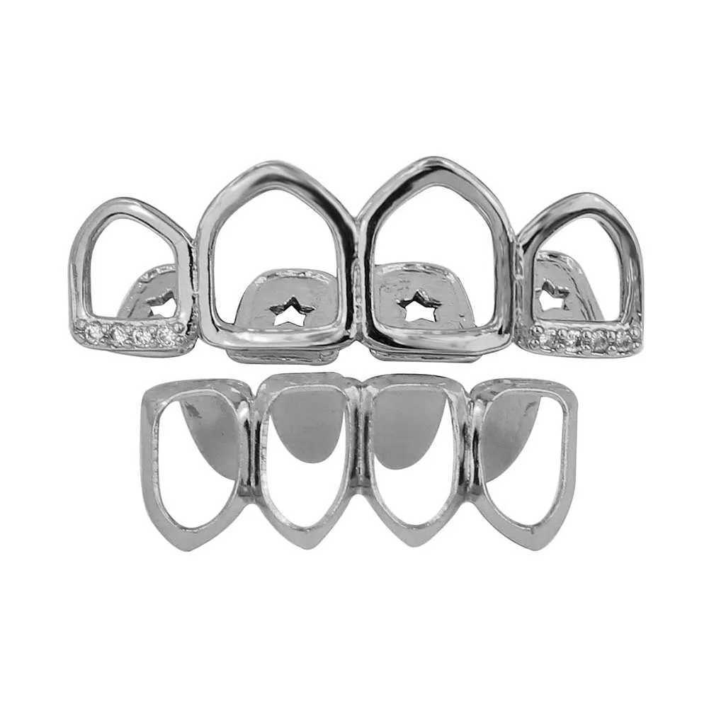 Fashion 4/4 Full Hollow CZ Teeth Grillz 14K Gold Plated Tooth Cs Decor Braces Fangs Dental Grills For Men Women JewelryXJ241225