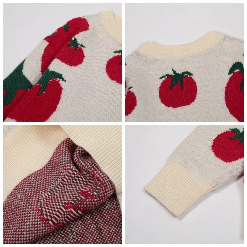 Japanese Fashion Knitwears Y2k Autumn and Winter Tomato Embroidery Knitted Sweater Mens Round Neck Cartoon Jumpers 241225