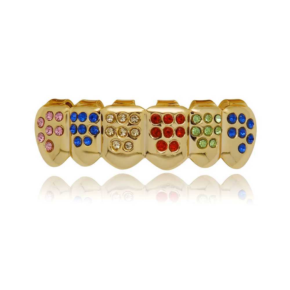 Hip Hop Rper Color Zircon Crystal Shackle Teeth Grills Bottom vampire Dental Braces Gold Color Metal Personality Tooth JewelryXJ241225