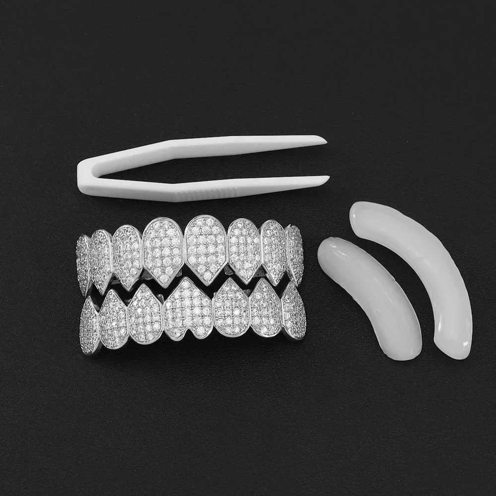 Hip Hop CZ Teeth Grillz Set For Unisex Top Bottom Mouth Gold Silver Color Teeth Grills Tooth Removable Fashion JewelryXJ241225