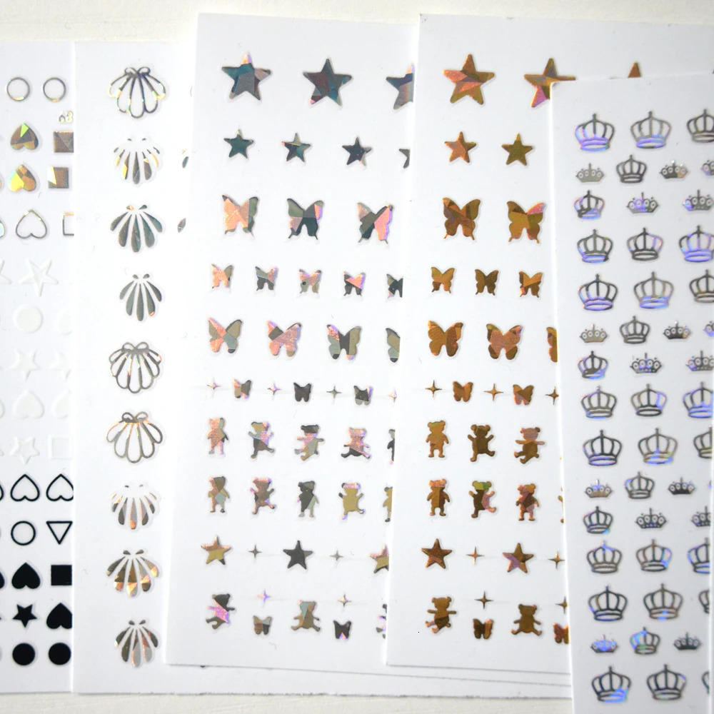 10PCS Black and White Love Laser Gold and Silver Crown Nail Art Sticker Geometry Nail Slider Sticker Decal 241225