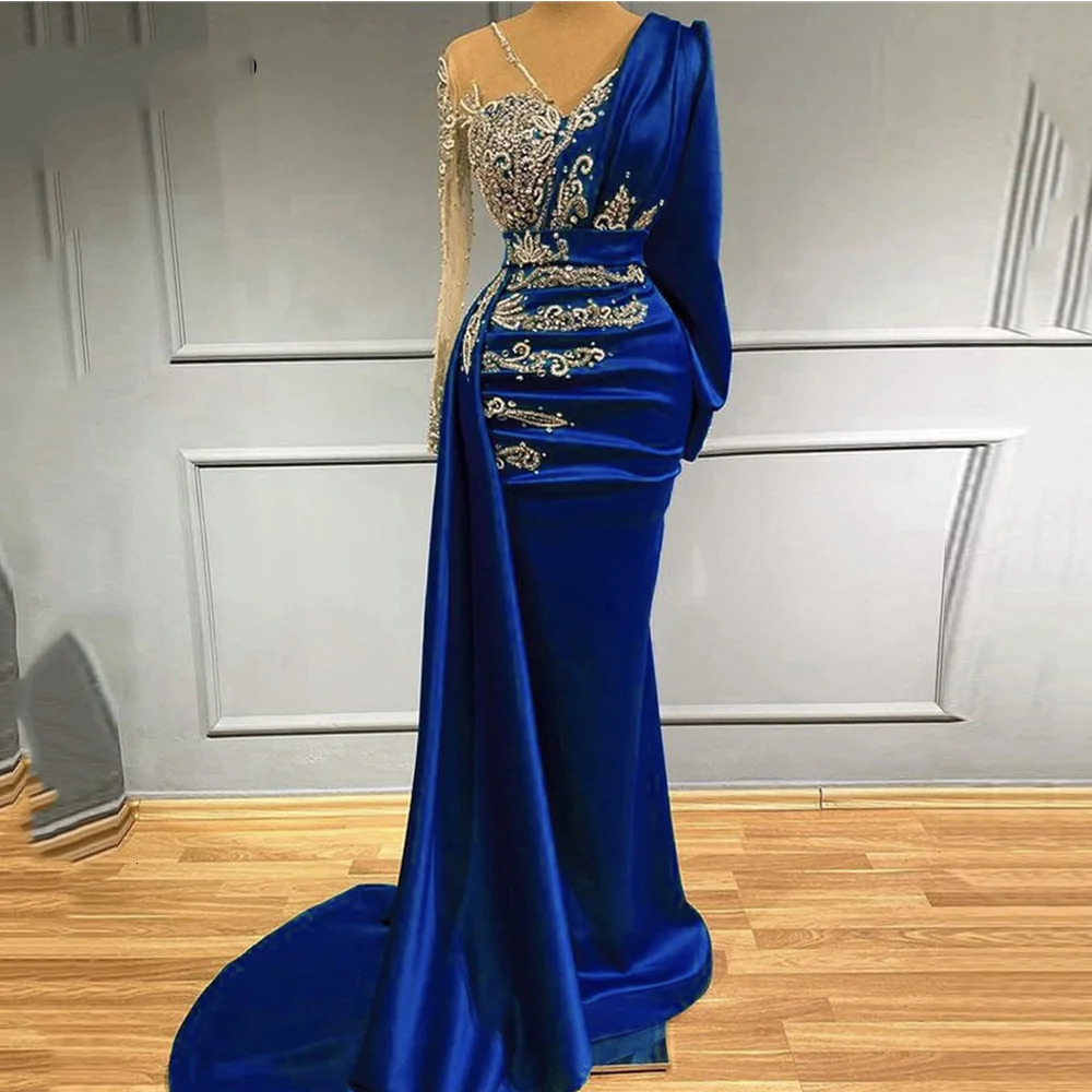 Royal Blue Satin Beads Long Sleeve Evening Dresses Women Elegantly Pair with Detachable V-Neck Dubai Arab Formal Prom Customized 241223