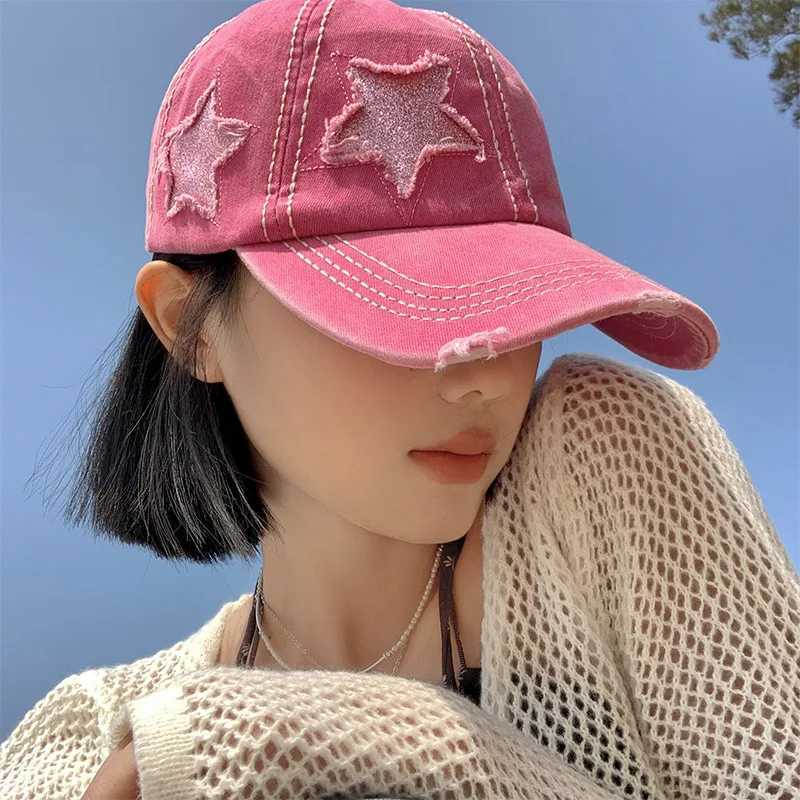 Punk hole star baseball cap womens retro washed cotton Y2K pink snap toe cap outdoor sports ponytail hanging hat W241225
