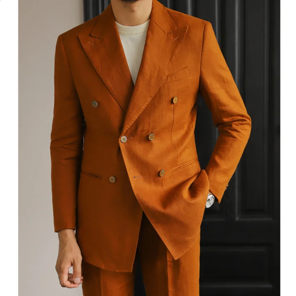 Chic Linen Suits for Men 2 Piece Fashion Lapel Double Breasted Blazer Sets Business Casual Slim Beach Wedding Party Tuxedo 241223