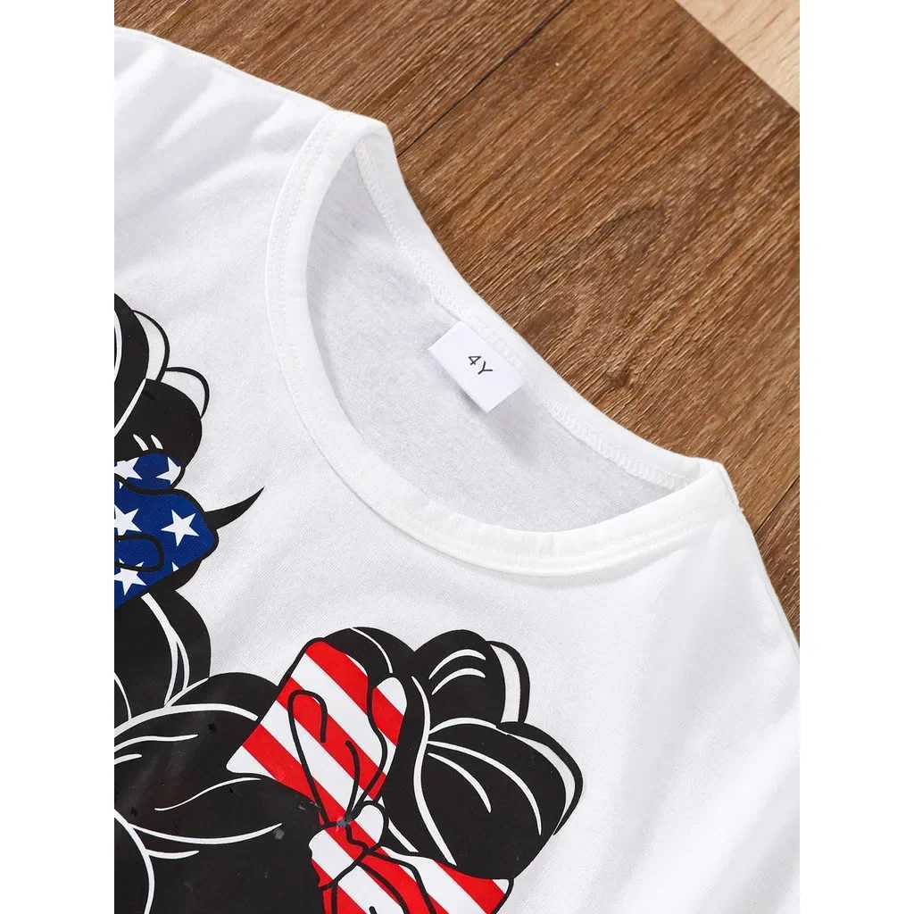 Clothing Sets 2PCS Summer Kids Girls Clothing Set Letter Printed Top+Independence Day Patterned Shorts Fashion Outfits for Children 4-7 YearsY241225VN