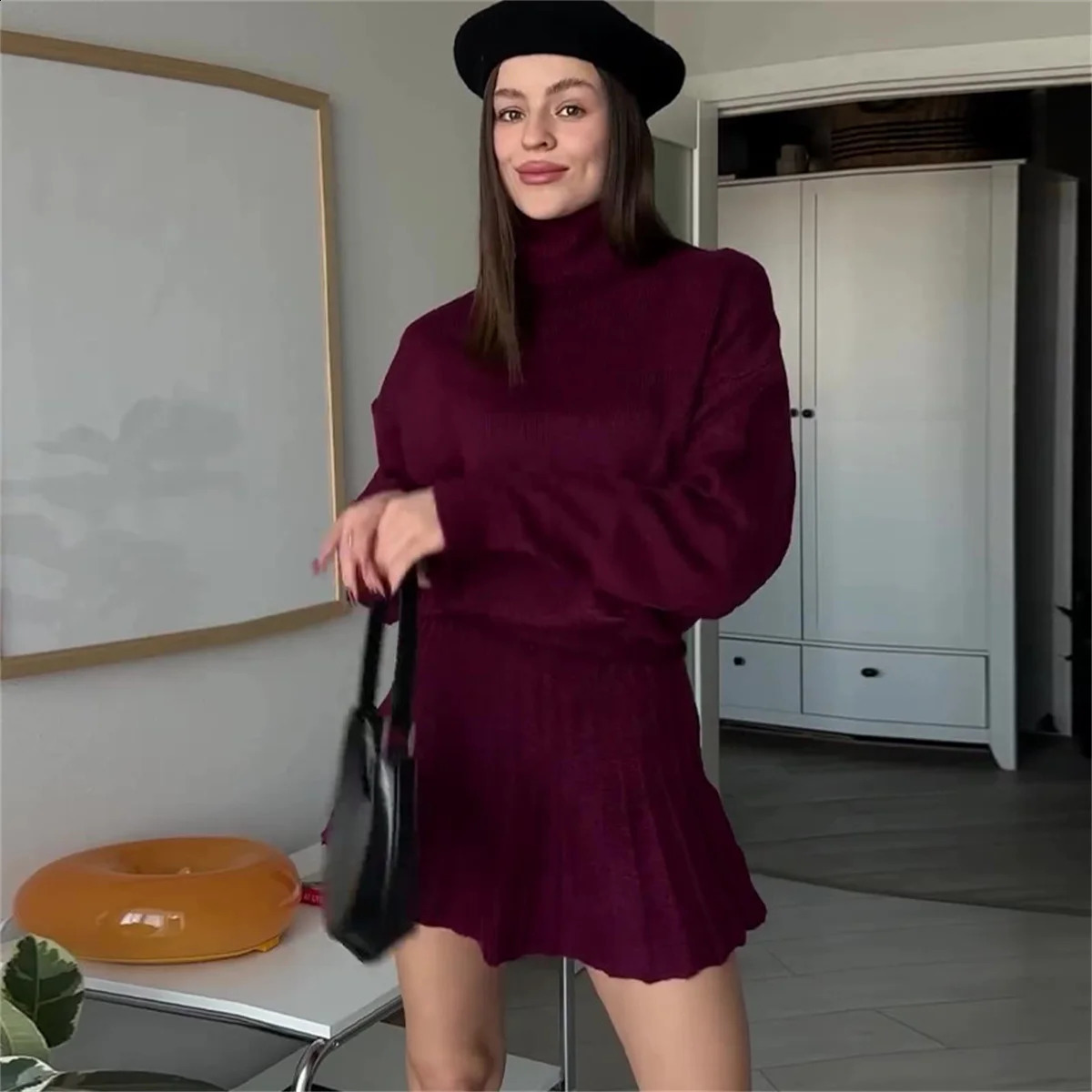 Sweater Skirt Sets For Women 2 Pieces Knit Casual Versatile Long Sleeve Pullover Elegant Solid High Waist Mini Outfit 241220