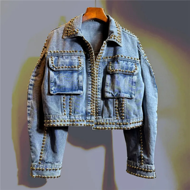 Spring Women Heavy Work Rivet Blue Short Denim Cardigan Jacket Loose Big Pocket Lapel Long Sleeve Female Jeans Jacket Coat 241223