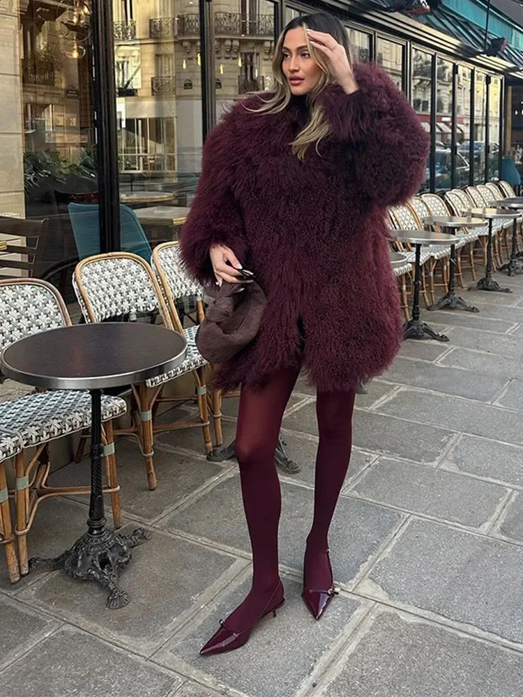 Winter Solid Faux Fur Thicken Midi Coat Women Burgundy Long Sleeve Lapel Loose Warm 2024 Vintage Street Female Outerwear 241223