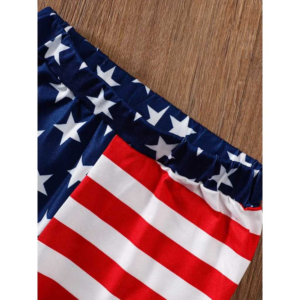 Clothing Sets 2PCS Summer Kids Girls Clothing Set Letter Printed Top+Independence Day Patterned Shorts Fashion Outfits for Children 4-7 YearsY241225VN
