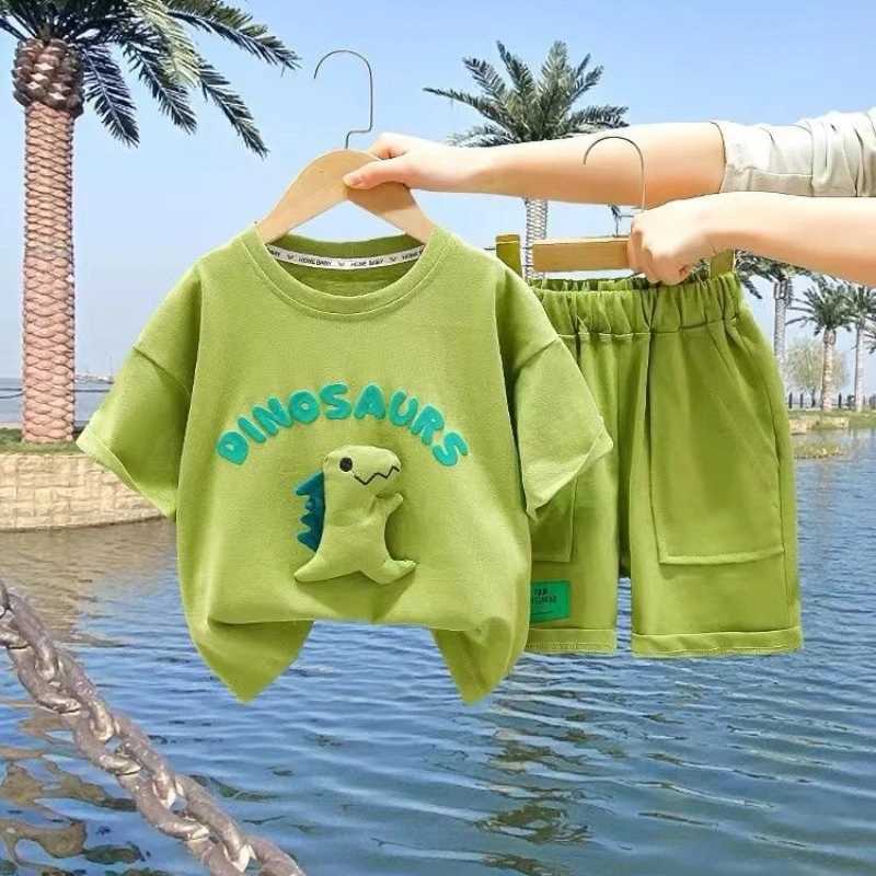 Clothing Sets Summer Kids Girl Boy Clothes Set Dinosaur Cartoon Pattern Cotton T-shirts and Shorts Suit Children Top Bottom 2pcs TracksuitsY241225KAPW