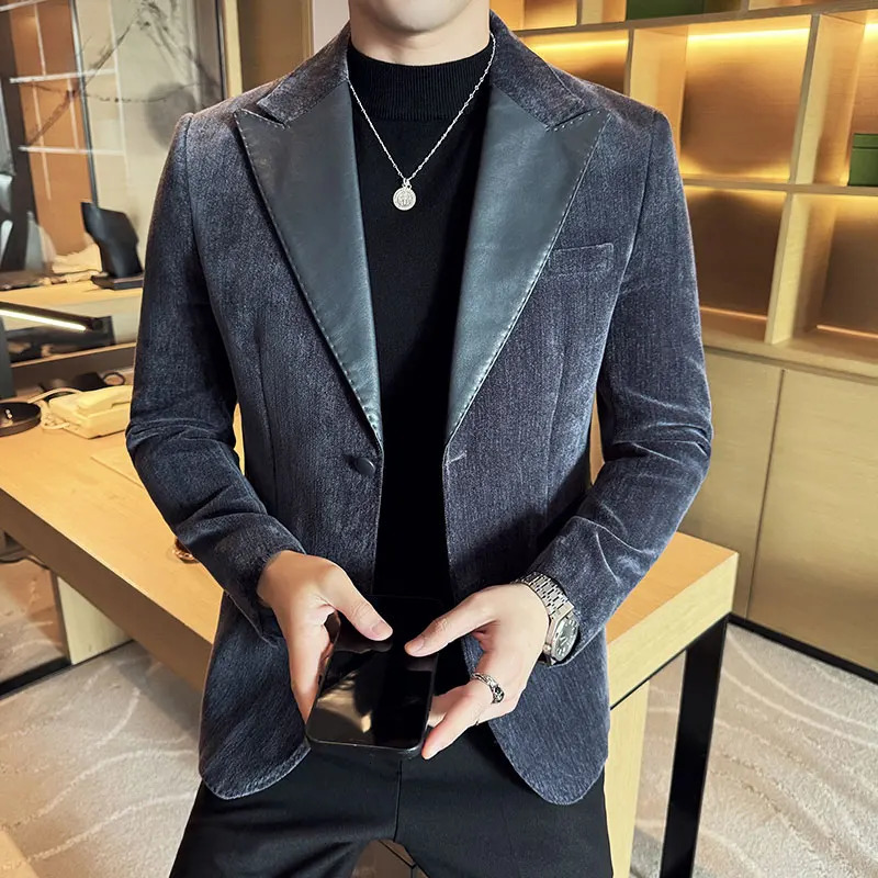 Autumn Five Color Chenille Patchwork Leather Suit Jackets for Men Army Green Kapok Fabric Contrasting Casual Mens Blazer 241225