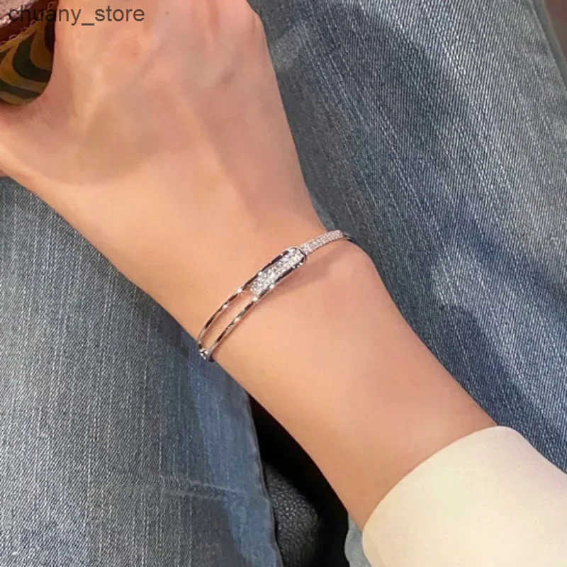 Chain Silver Color Micro Zircon Open Bangle for Women 2024 Korean Simple Design Hollow Versatile Wedding Jewelry Party Gifts L240910
