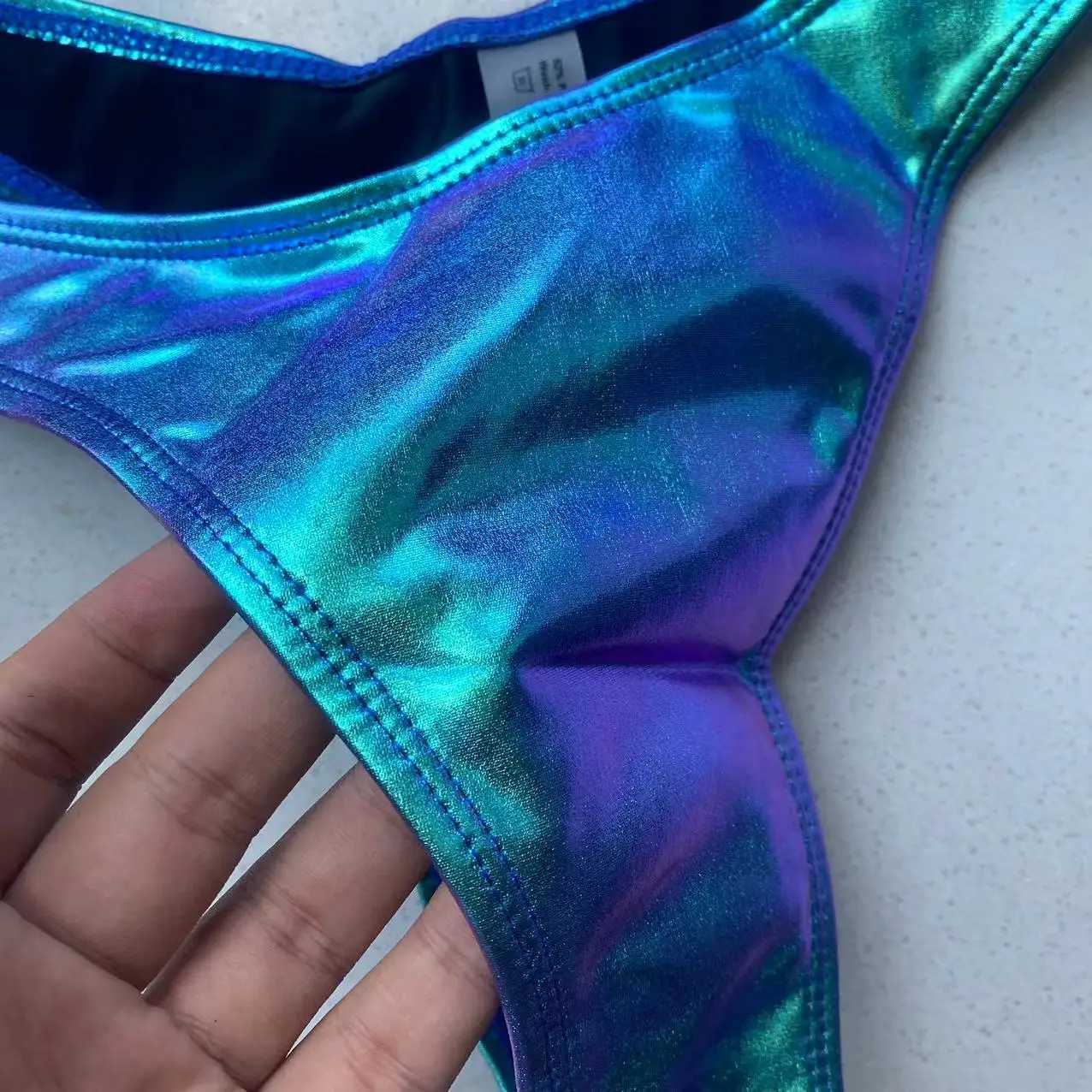 Sexy triangle bikini 2022 holographic blue push up extreme thong swimsuit Brazilian bandage swimsuit mini bikini swimsuitW241225