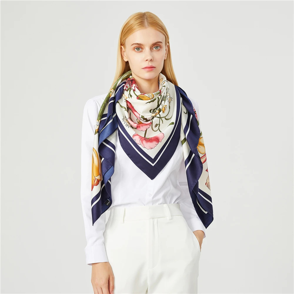 130cm Twill Silk Scarf Women Bandana Square Scarf Floral Kerchief Scarves For Ladies Fashion Shawl Echarpe 241225