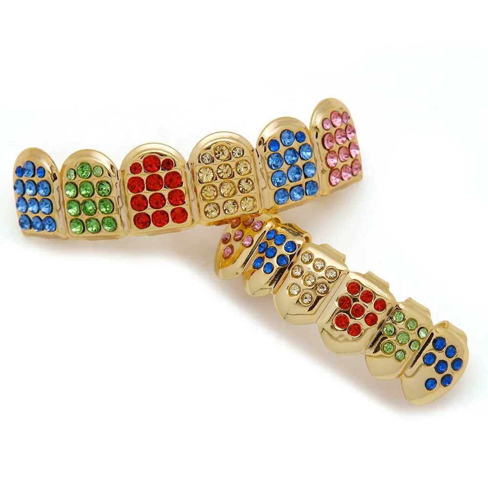 Hip Hop Rper Color Zircon Crystal Shackle Teeth Grills Bottom vampire Dental Braces Gold Color Metal Personality Tooth JewelryXJ241225