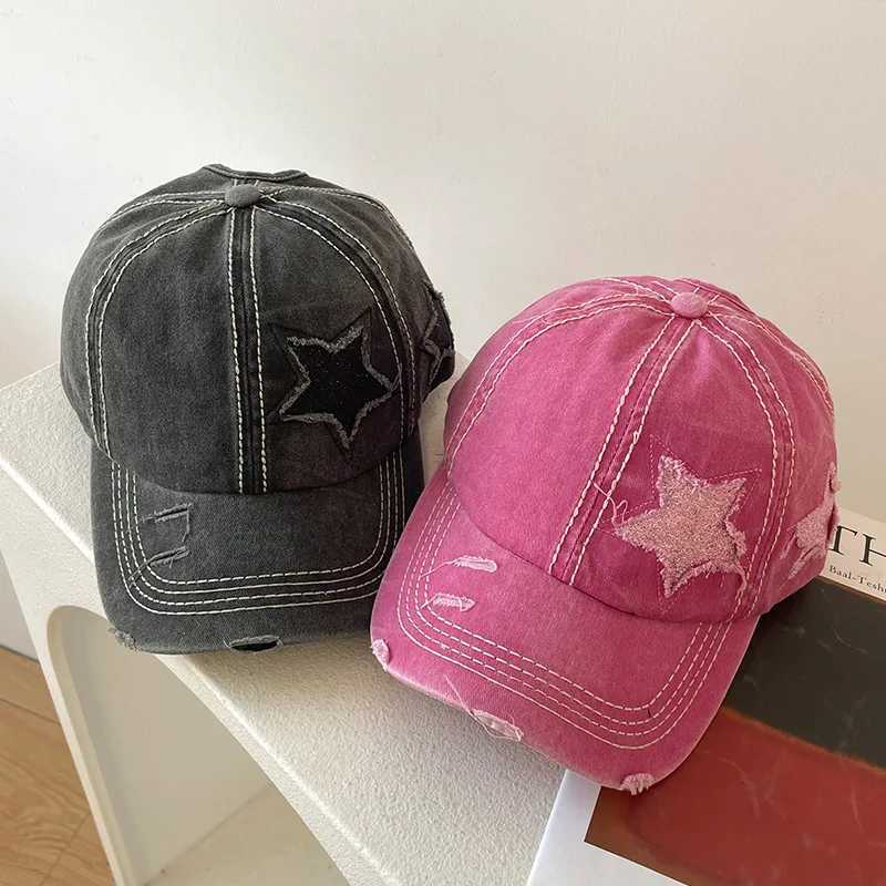 Punk hole star baseball cap womens retro washed cotton Y2K pink snap toe cap outdoor sports ponytail hanging hat W241225