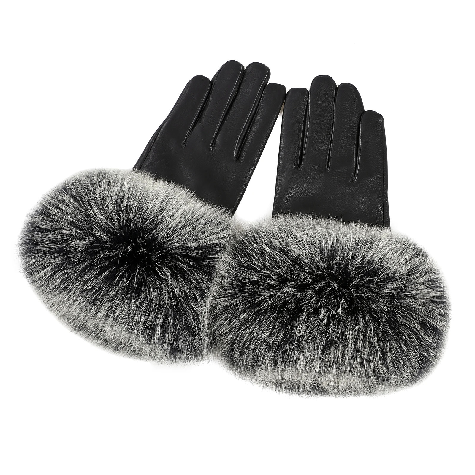 BOONJOVIA Women Genuine Lambskin Leather Gloves With Real Fox Fur Trim Cuff Winter Warm Driving Gloves-Velvet Lined 241225