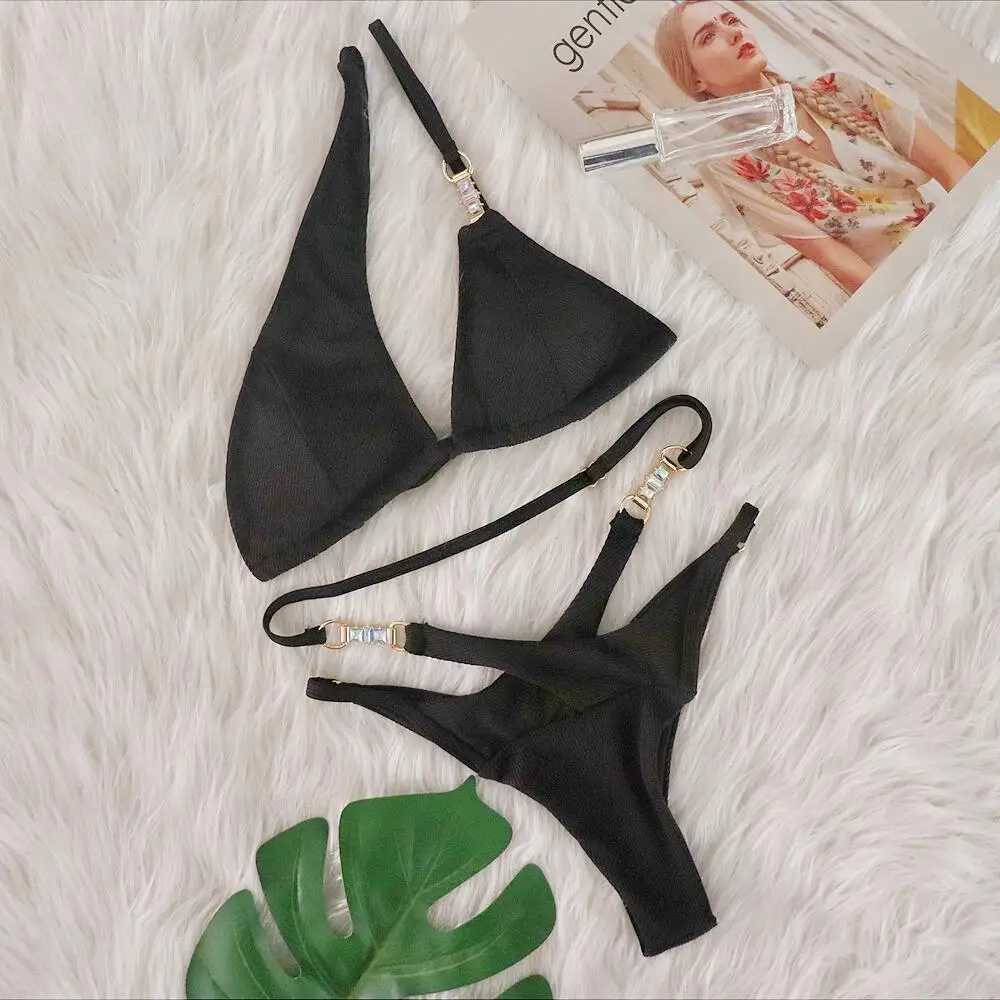 2024 New Womens Summer Sexy Pink Stripe Bikini Set Crystal Diamond Single Shoulder Swimsuit Beach Luxury SwimsuitW241225