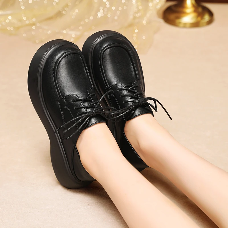 AIYUQI Women Loafers Genuine Leather Autumn British Style Ladies Shoes Casual Platform Lace-up Shoes Women