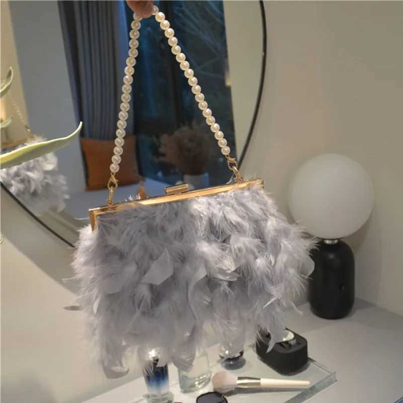 High Quality Womens Feather Evening Wallet Pearl Belt Chain Clutch Handbag Womens Elegant Dinner Party Shoulder Cross Body Bag T241225