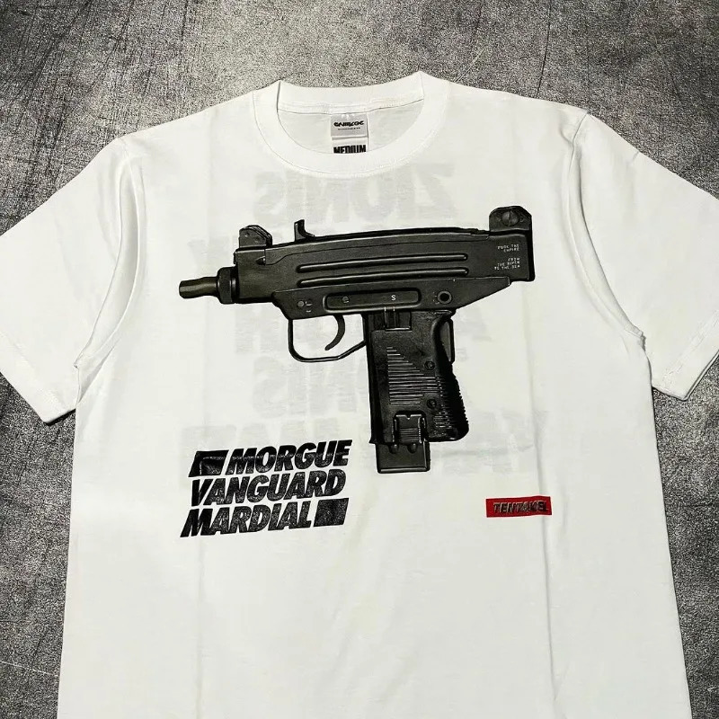 Hip-hop Street Fashion Clothing Gothic Punk Dark UZI Printed Oversized T-shirt American Retro Pure Cotton Casual Tops Men 241224