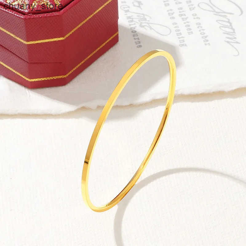 Chain 2mm Stainless Steel Thin Bangle Women Simple Stackable Circle Jewelry Rose Gold Silver Color 55/ 60/ 65mm Flat Surface L240910