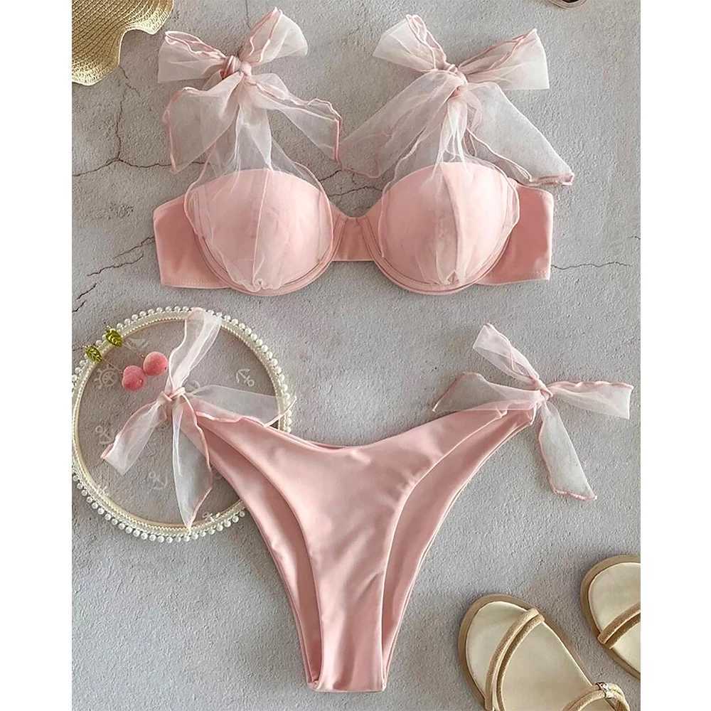 2019 new sexy bikini set low waist solid color pink swimsuit shoulder strap swimsuit Brazilian womens swimsuit mesh swimsuitW241225