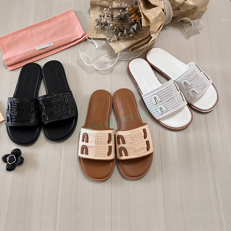 Designer Slippers Womens Sandals Fashion Raffia-effect Woven Fabric Slides White Black Natural Flat Slipper Ladies Summer Beach Indoor Slide Women Sandals