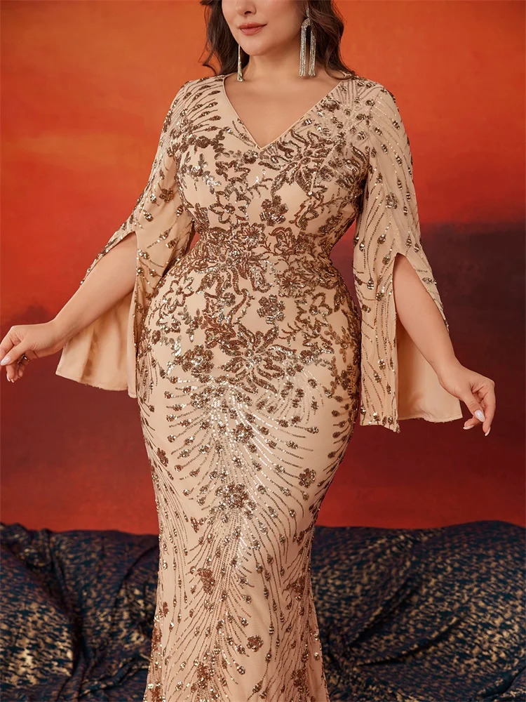 Lucyinlove Plus Size Gold Evening Dresses Women Long Sleeve Mermaid Formal Sequins Prom Wedding Party Cocktail Gowns 241223