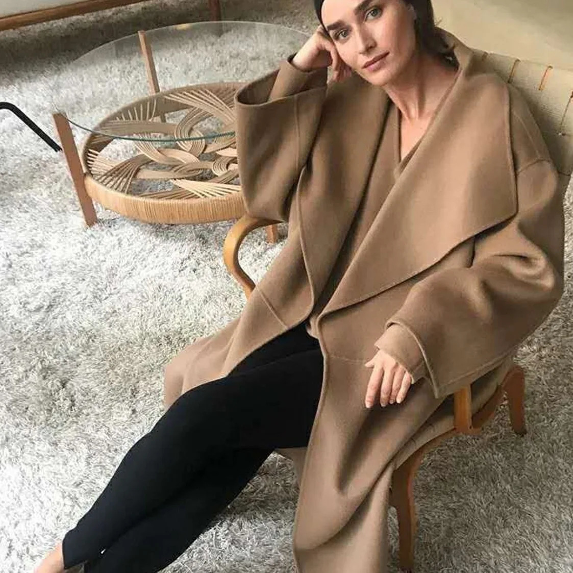 Cashmere coat womens 2024 autumn and winter retro simple medium long style lapel doublesided highend wool women 241225