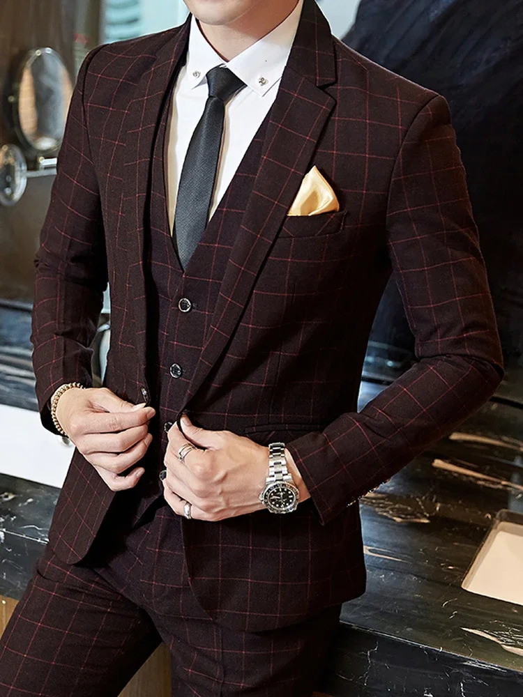 Blazer Vest Pants Groom Wedding Dress Stage Party Suit Three Piece Set and Two Mens casual business classic plaid suit 241225