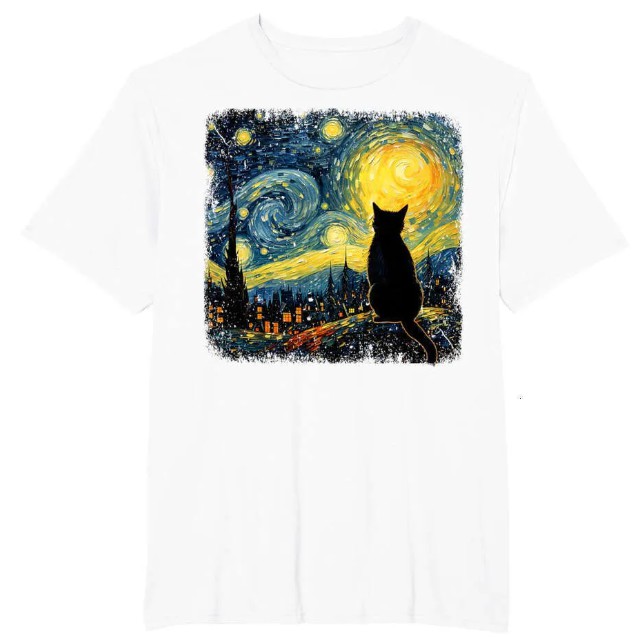Cat Mom and Dad Van Gogh Artwork Tees - Stylish Designer Tops with Starry Night Cats Design