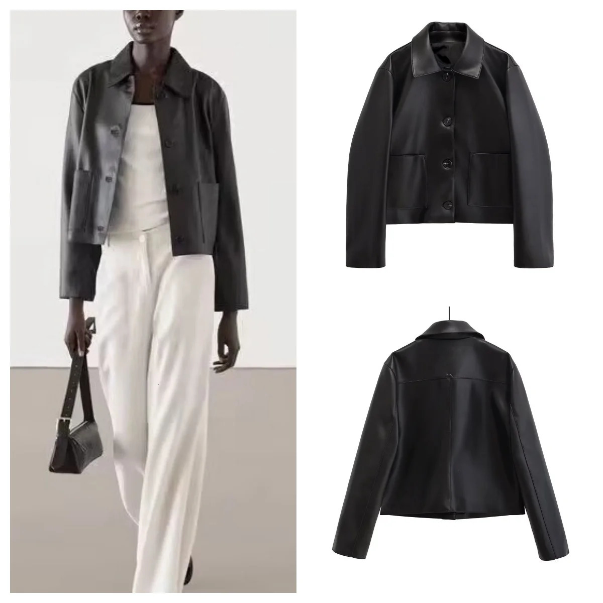 autumn style highgrade temperament lapel black PU leather jacket for women fashionable and versatile trendy 241225