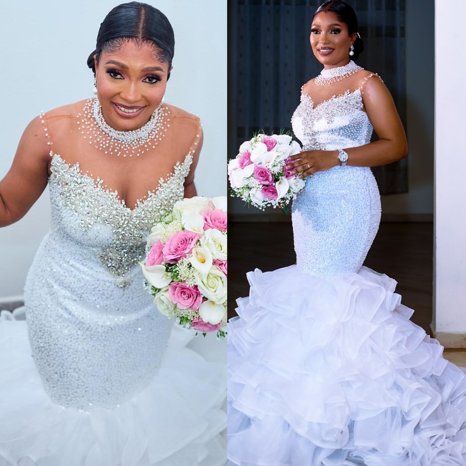 2025 Arabic Aso Ebi Plus Size White Wedding Dresses Crystals Beaded Sheer Neck Organza Tiers Bridal Gowns Dress ZJ0342