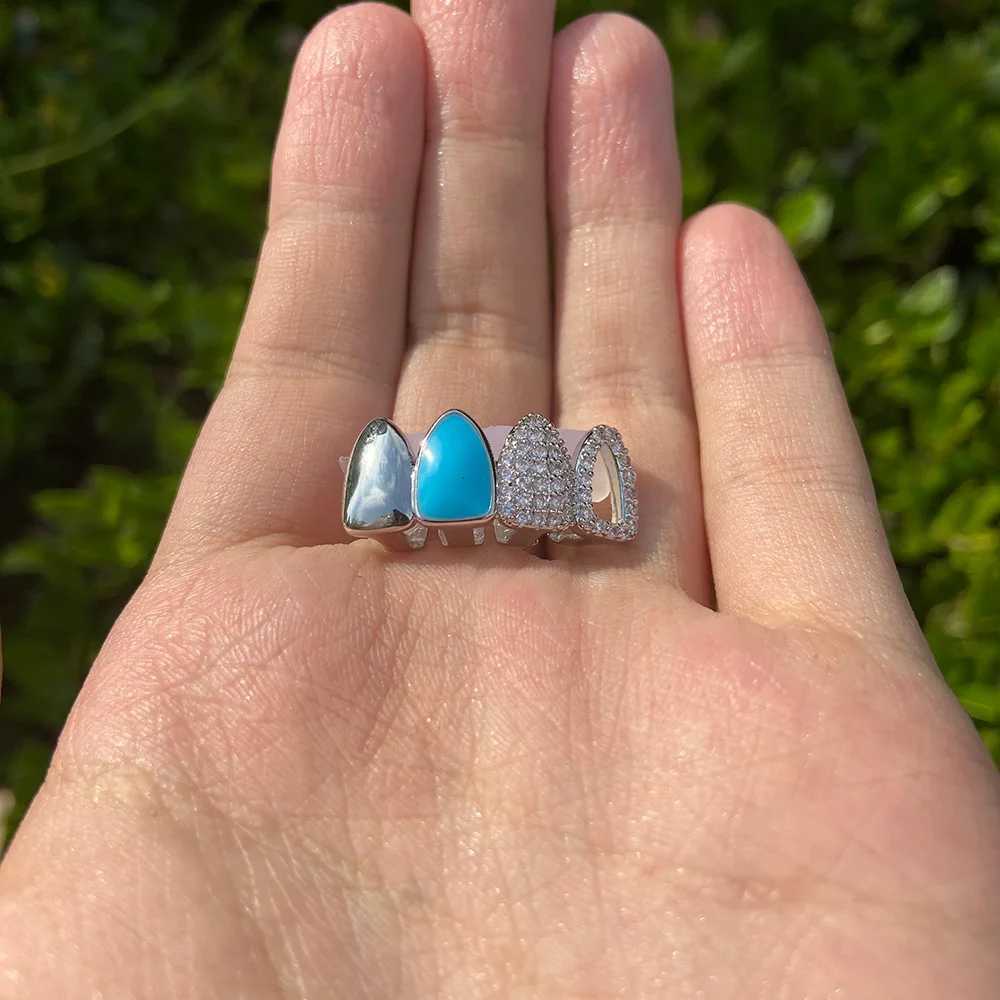 RACHELZ Hip Hop 4 Blue Color Tooth Cs Decor For Men Women Trend Hollow CZ Zircon Teeth Grillz Dental Grills JewelryXJ241225