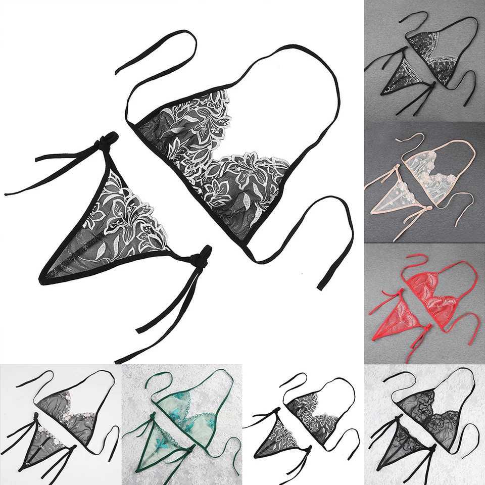 Sexy lingerie womens bikini embroidery flower 3-point transparent mesh lace up bra+thongW241225