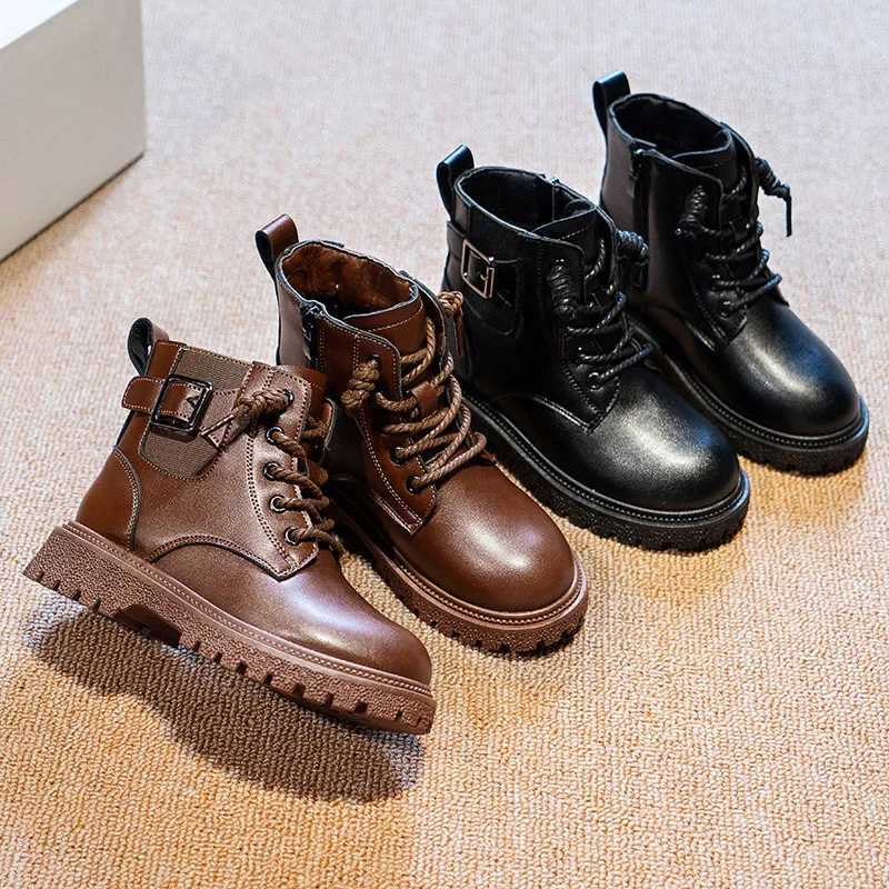 Athletic Outdoor Black Girls Boots 4 To 14 Years Fashion Autumn Winter Children Shoes Leather Non-slip British Style Ankle Boots for Girl Shoes H24122