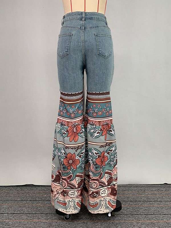 Modigirl Womens Jeans Autumn Winter Blue Vintage Ral Printed Bottoms With Pockets Woman High-Waisted Flared Denim Pants