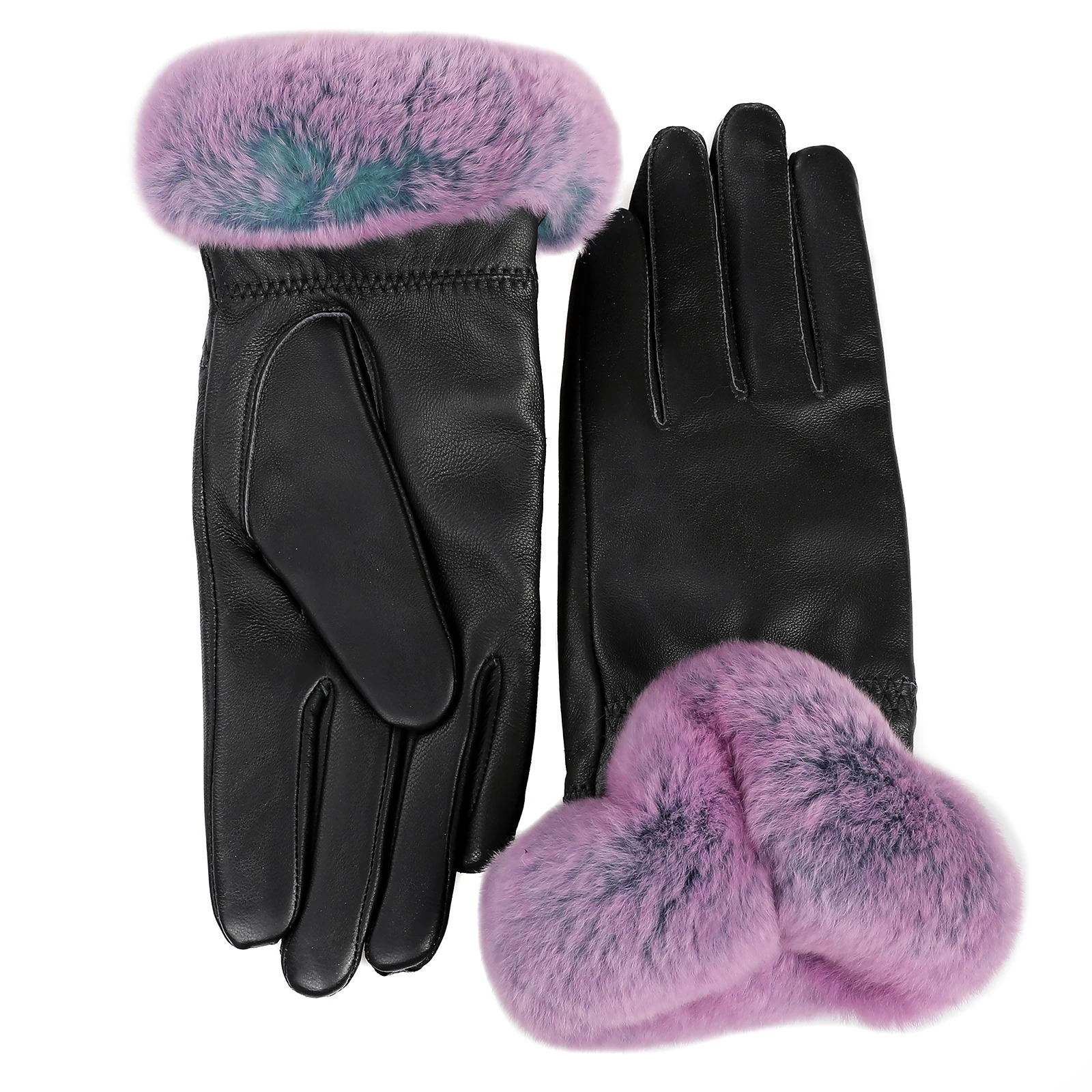 BOONJOVIA Elegant Womens Winter Warm Genuine Leather Gloves With Rex Rabbit Fur Trim Cuffs Velvet Lined 241225