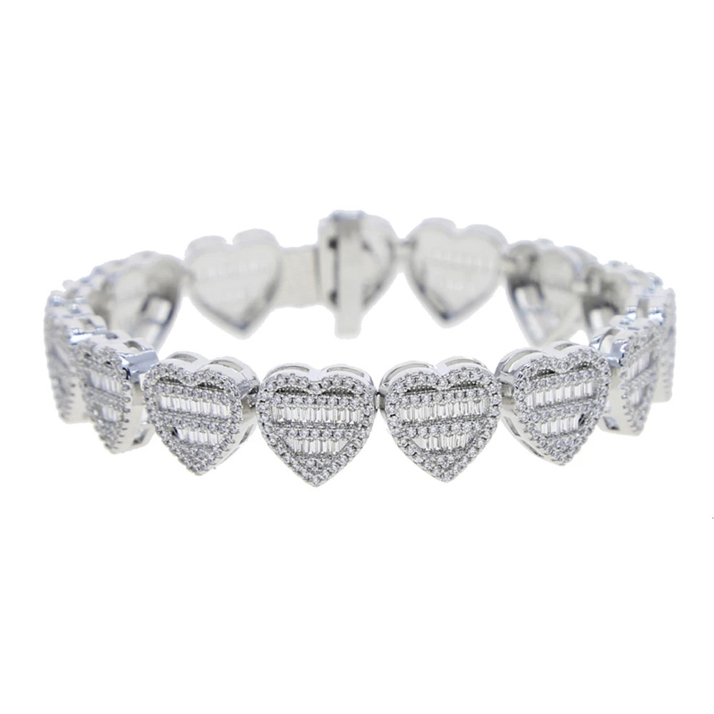 Iced Out CZ Heart Bracelet Silver Color Micro Pave Prong Setting 12MM Hearts Charm Link Chain For Women Hip Hop Jewelry 241225