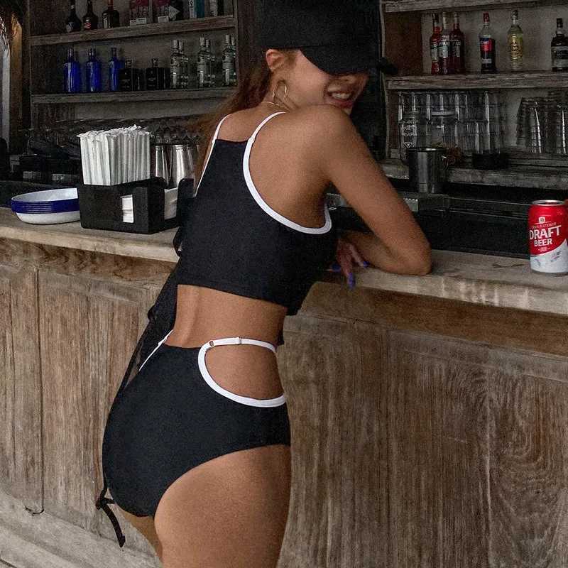 Sexy Korean fashion high neck bikini suit high waist swimsuit two-piece sports swimsuit apron swimsuit Biquini beachwearW241225