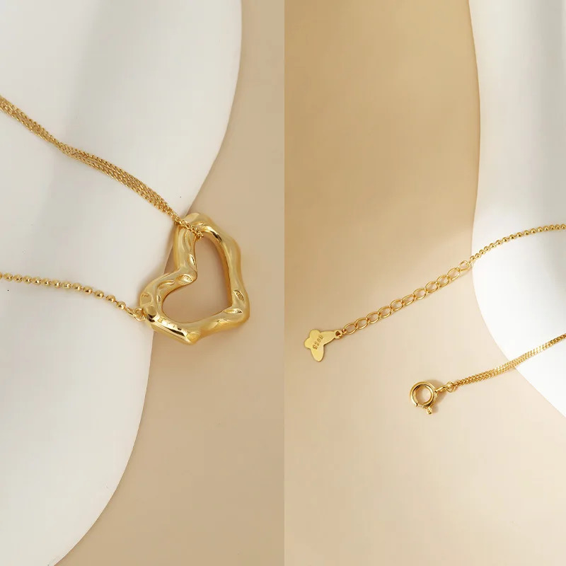 925 silver heart-shaped necklace Korean version gold-plated round bead chain womens niche jewelry 241225