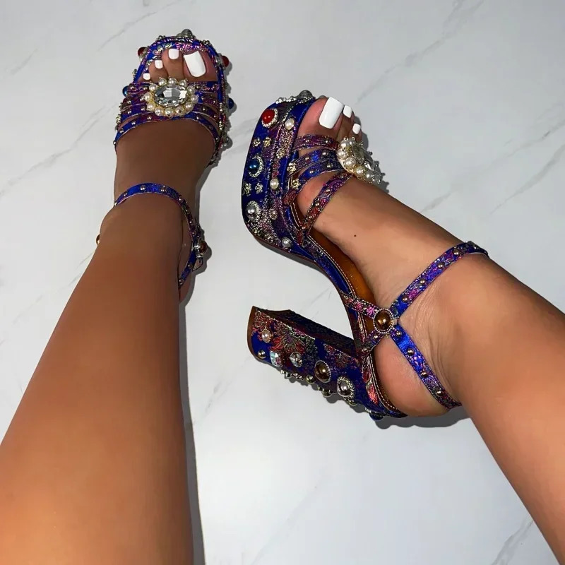 2025 Women's High-Heeled Thick Soled Single Buckle Sandals With European And American Sexy Silk Rhie Party Shoes