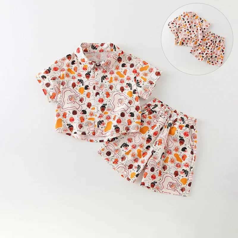 Clothing Sets Summer Boy Clothes Set Printing Short Sleeve Lapel Shirts and Shorts Suit Childrens Boys Top and Bottom Fashion Beach ClothingY241225X3F