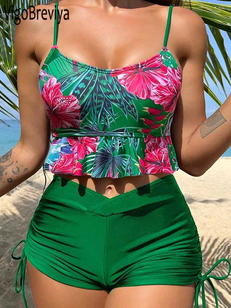 VigoBreviya 2025 printed lace up swimsuit womens push up high waisted bikini set sexy backless swimsuit summer beach swimsuitW241225