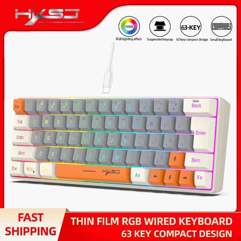 Keyboard RGB USB wired 63 keys gaming gamer compact mini pc keyboards for tripsofficegames business key board (Grey Orange)XJ241225