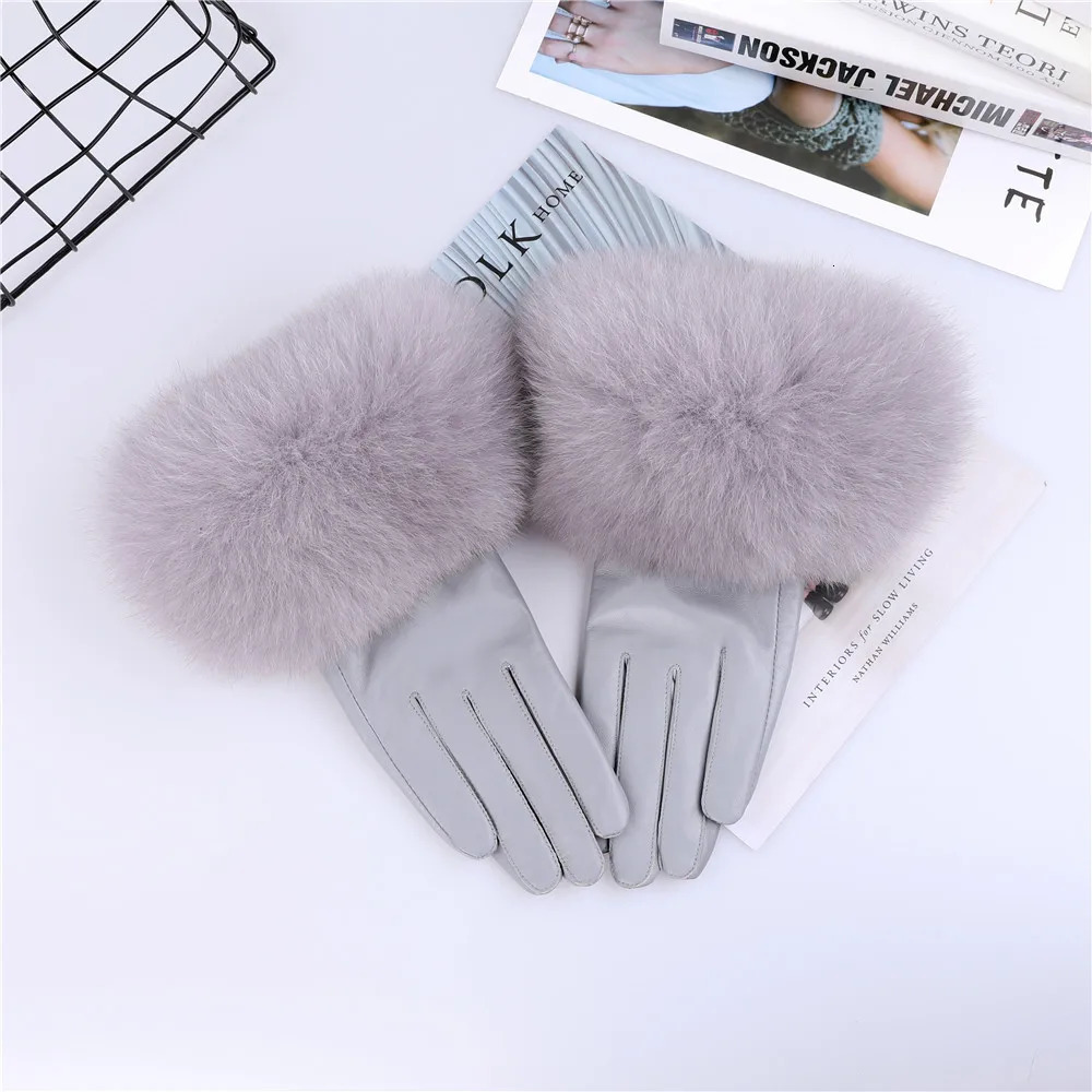 Sheepskin Natural Fox Fur Trimming Gloves Womens Genuine Leather Wrist Warmer Glove Winter Warm Fashion Mittens Fleece Lining 241225
