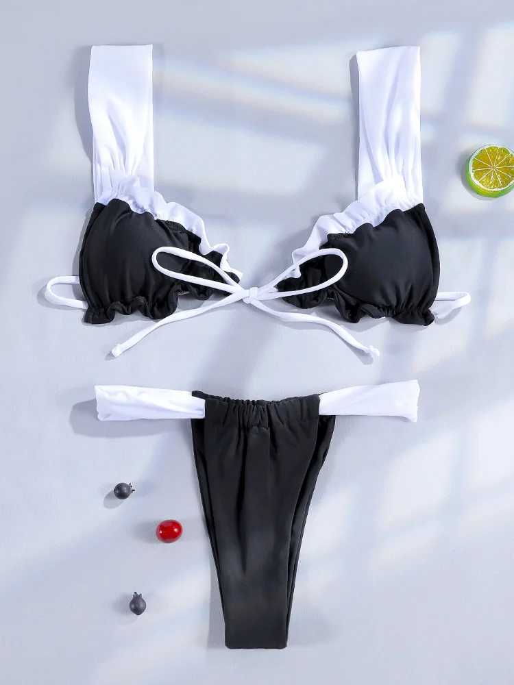 Miyouj 2024 bikini solid color swimsuit new sexy swimsuit womens swimsuit high cut swimsuit ruffled Biquini Block color bikini setW241225